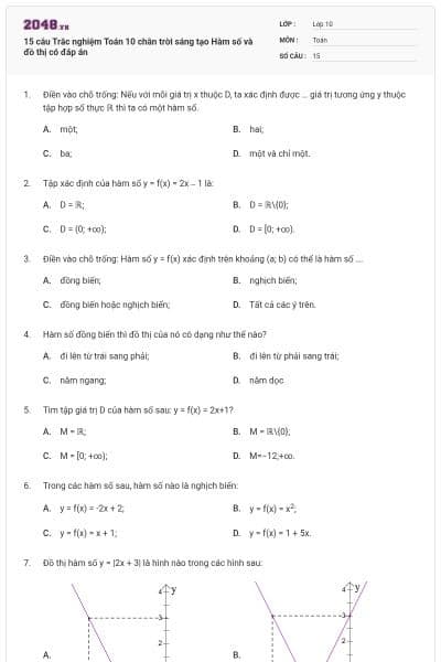 15 câu Trắc nghiệm Toán 10 chân trời sáng tạo Hàm số và đồ thị có đáp án
