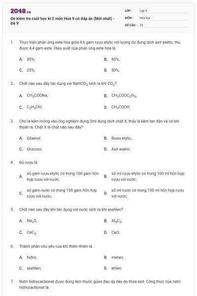 Đề kiểm tra cuối học kì 2 môn Hoá 9 có đáp án (Mới nhất) - Đề 9