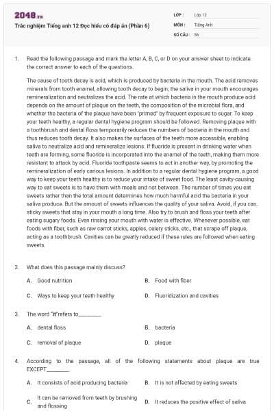 Trắc nghiệm Tiếng anh 12 Đọc hiểu có đáp án (Phần 6)