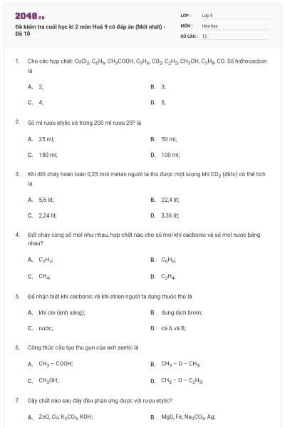 Đề kiểm tra cuối học kì 2 môn Hoá 9 có đáp án (Mới nhất) - Đề 10