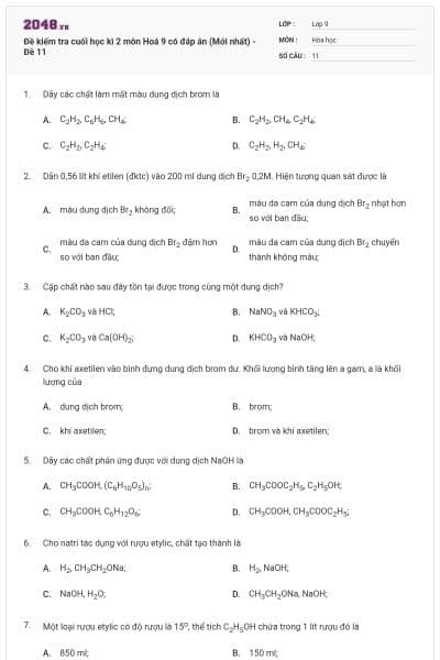 Đề kiểm tra cuối học kì 2 môn Hoá 9 có đáp án (Mới nhất) - Đề 11