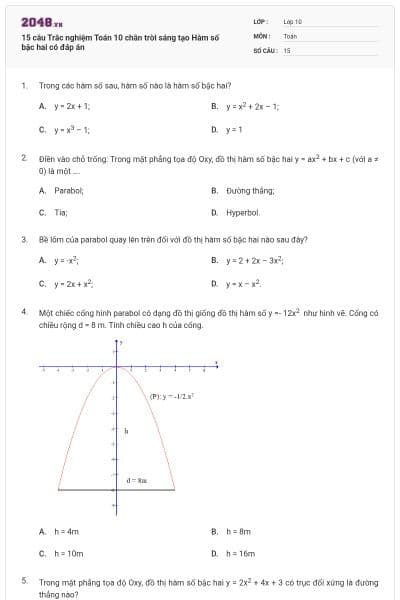 15 câu Trắc nghiệm Toán 10 chân trời sáng tạo Hàm số bậc hai có đáp án