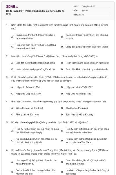 Bộ đề luyện thi THPTQG môn Lịch Sử cực hay có đáp án (P1)