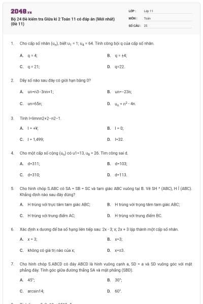 Bộ 24 Đề kiểm tra Giữa kì 2 Toán 11 có đáp án (Mới nhất) (Đề 11)