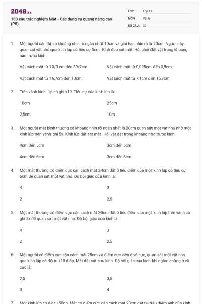 100 câu trắc nghiệm Mắt - Các dụng cụ quang nâng cao (P5)