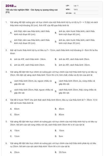 100 câu trắc nghiệm Mắt - Các dụng cụ quang nâng cao (P3)