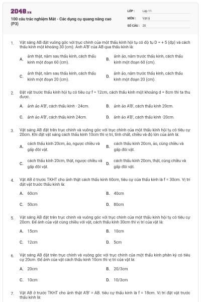 100 câu trắc nghiệm Mắt - Các dụng cụ quang nâng cao (P3)