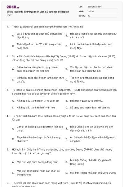 Bộ đề luyện thi THPTQG môn Lịch Sử cực hay có đáp án (P3)