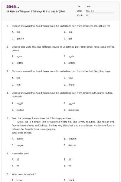 Đề kiểm tra Tiếng anh 6 Giữa học kì 2 có đáp án (Đề 6)