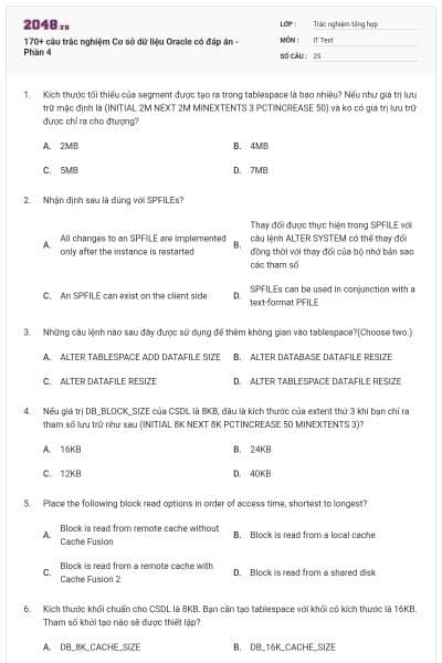 170+ câu trắc nghiệm Cơ sở dữ liệu Oracle có đáp án - Phần 4