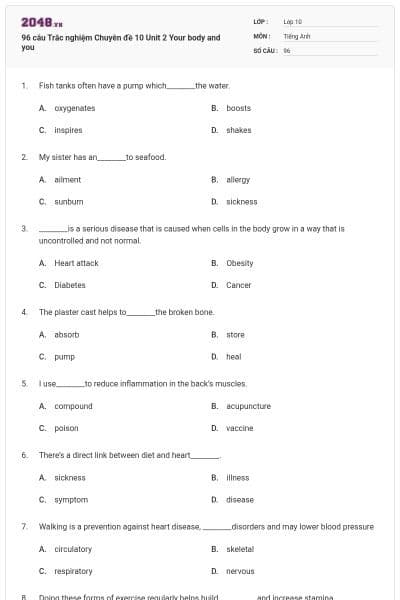 96 câu Trắc nghiệm Chuyên đề 10 Unit 2 Your body and you
