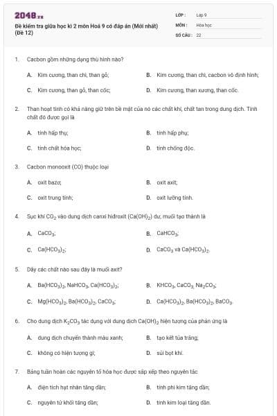 Đề kiểm tra giữa học kì 2 môn Hoá 9 có đáp án (Mới nhất) (Đề 12)