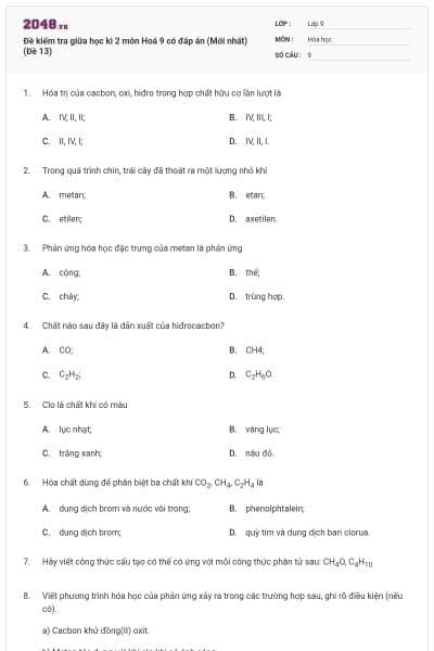 Đề kiểm tra giữa học kì 2 môn Hoá 9 có đáp án (Mới nhất) (Đề 13)
