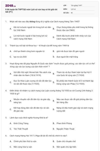 8 Đề luyện thi THPTQG môn Lịch sử cức hay có lời giải chi tiết (P1)