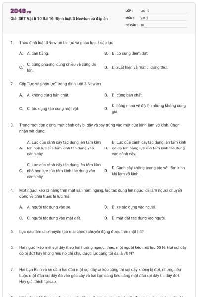 Giải SBT Vật lí 10 Bài 16. Định luật 3 Newton có đáp án