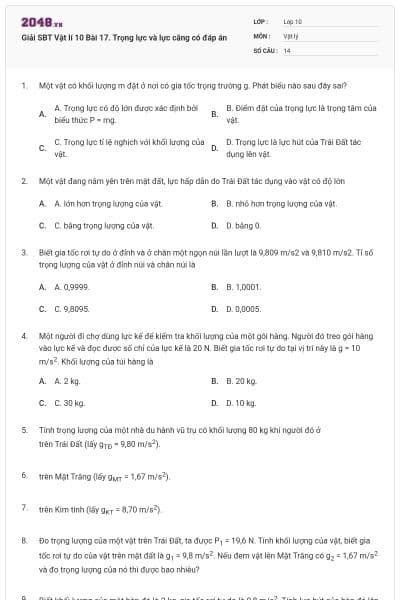 Giải SBT Vật lí 10 Bài 17. Trọng lực và lực căng có đáp án