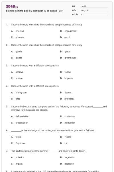 Bộ  2 Đề kiểm tra giữa kì 2 Tiếng anh 10 có đáp án - Đề 1
