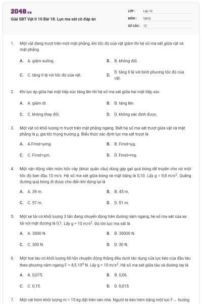 Giải SBT Vật lí 10 Bài 18. Lực ma sát có đáp án