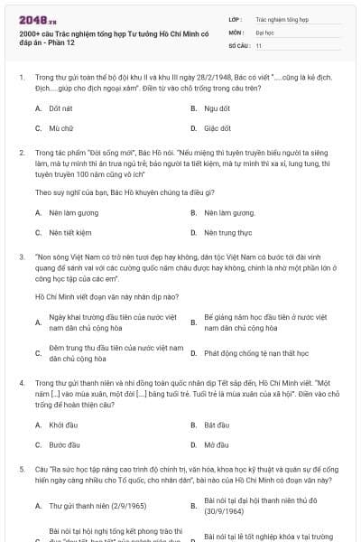 2000+ câu Trắc nghiệm tổng hợp Tư tưởng Hồ Chí Minh có đáp án - Phần 12