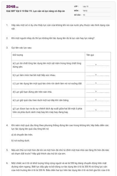 Giải SBT Vật lí 10 Bài 19. Lực cản và lực nâng có đáp án