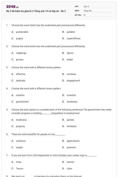 Bộ  2 Đề kiểm tra giữa kì 2 Tiếng anh 10 có đáp án - Đề 2
