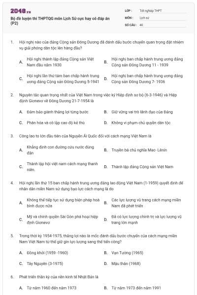 Bộ đề luyện thi THPTQG môn Lịch Sử cực hay có đáp án (P2)
