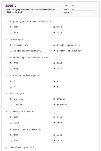 8 câu trắc nghiệm Toán lớp 3 Các số có bốn chữ số. Số 10000 (có lời giải)