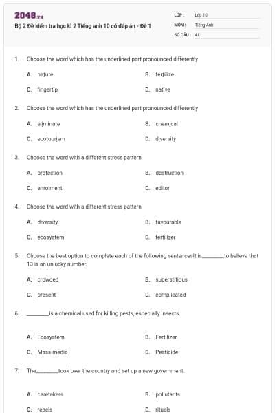Bộ 2 Đề kiểm tra học kì 2 Tiếng anh 10 có đáp án - Đề 1