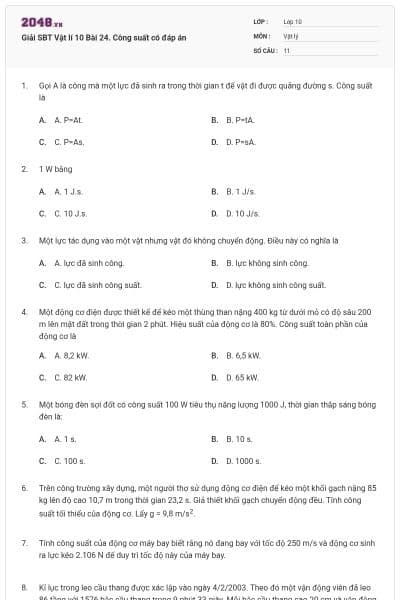 Giải SBT Vật lí 10 Bài 24. Công suất có đáp án