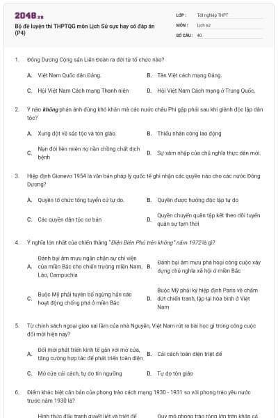 Bộ đề luyện thi THPTQG môn Lịch Sử cực hay có đáp án (P4)
