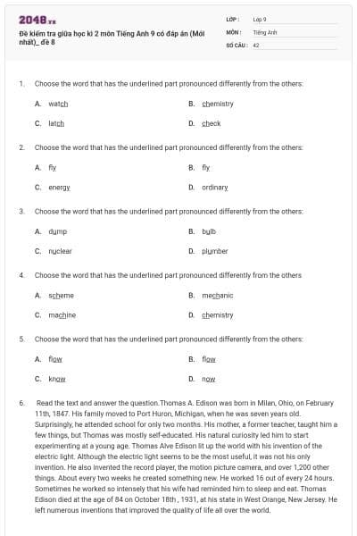 Đề kiểm tra giữa học kì 2 môn Tiếng Anh 9 có đáp án (Mới nhất)_ đề 8