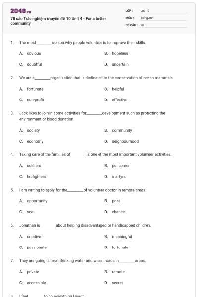 78 câu Trắc nghiệm chuyên đề 10 Unit 4 - For a better community