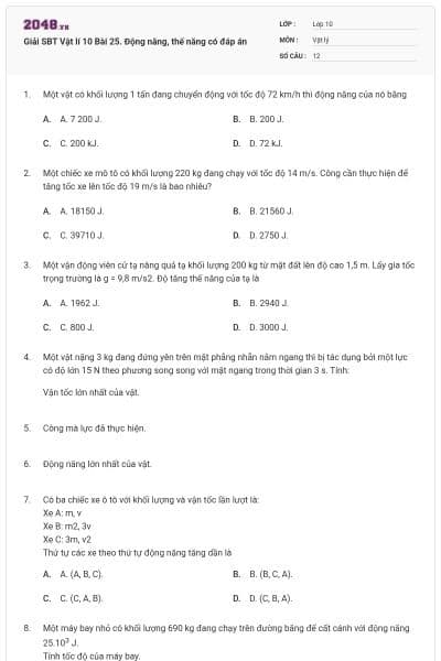 Giải SBT Vật lí 10 Bài 25. Động năng, thế năng có đáp án
