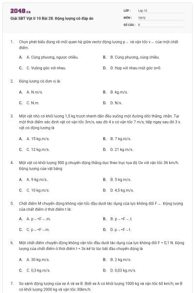 Giải SBT Vật lí 10 Bài 28. Động lượng có đáp án
