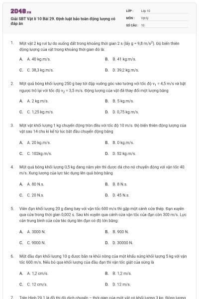 Giải SBT Vật lí 10 Bài 29. Định luật bảo toàn động lượng có đáp án