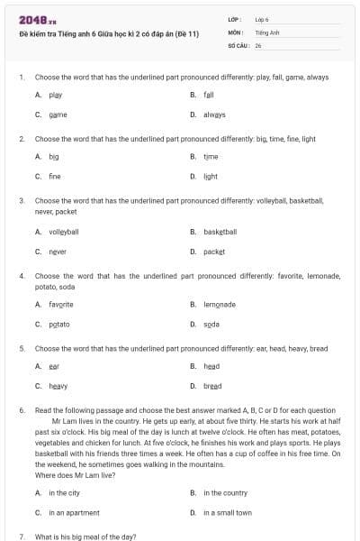 Đề kiểm tra Tiếng anh 6 Giữa học kì 2 có đáp án (Đề 11)