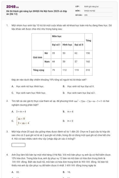 Đề thi Đánh giá năng lực ĐHQG Hà Nội form 2025 có đáp án (Đề 13)