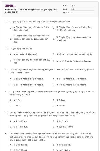Giải SBT Vật lí 10 Bài 31. Động học của chuyển động tròn đều có đáp án