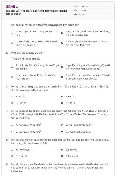 Giải SBT Vật lý 10 Bài 32. Lực hướng tâm và gia tốc hướng tâm có đáp án