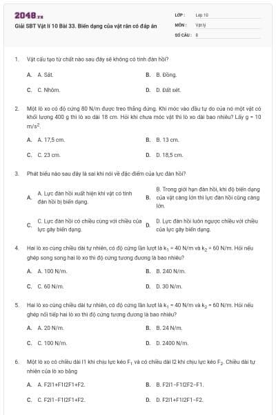 Giải SBT Vật lí 10 Bài 33. Biến dạng của vật rắn có đáp án