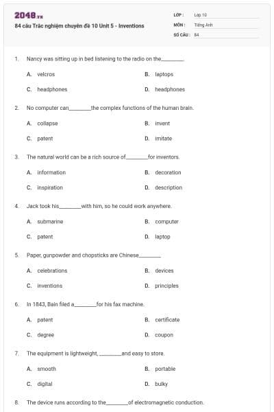 84 câu Trắc nghiệm chuyên đề 10 Unit 5 - Inventions