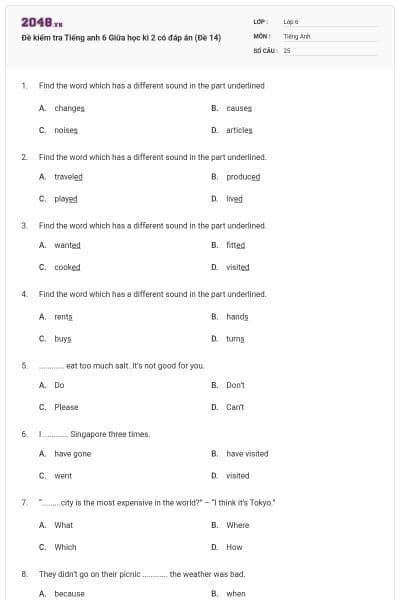 Đề kiểm tra Tiếng anh 6 Giữa học kì 2 có đáp án (Đề 14)