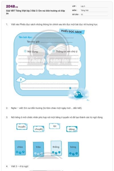 Giải VBT Tiếng Việt lớp 3 Bài 3: Em vui đến trường có đáp án