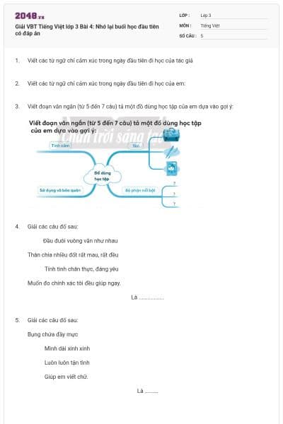 Giải VBT Tiếng Việt lớp 3 Bài 4: Nhớ lại buổi học đầu tiên có đáp án