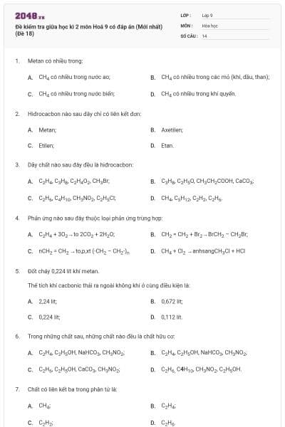 Đề kiểm tra giữa học kì 2 môn Hoá 9 có đáp án (Mới nhất) (Đề 18)