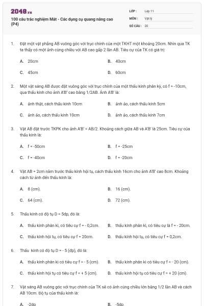 100 câu trắc nghiệm Mắt - Các dụng cụ quang nâng cao (P4)