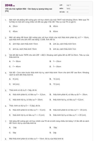 100 câu trắc nghiệm Mắt - Các dụng cụ quang nâng cao (P4)