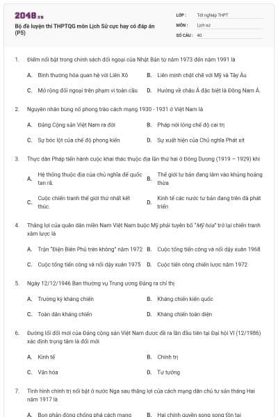 Bộ đề luyện thi THPTQG môn Lịch Sử cực hay có đáp án (P5)