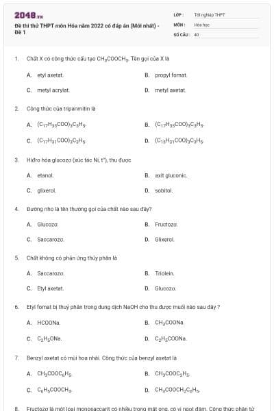 Đề thi thử THPT môn Hóa năm 2022 có đáp án (Mới nhất) - Đề 1