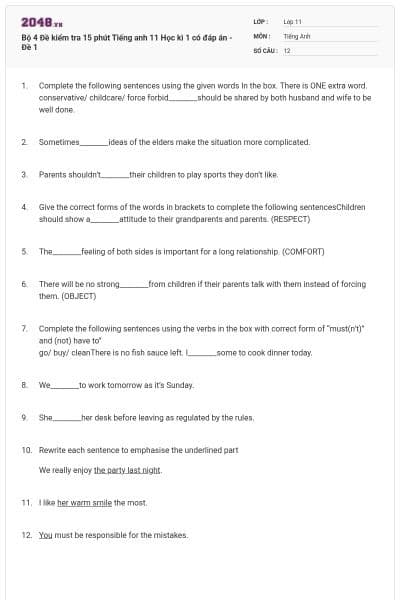 Bộ 4 Đề kiểm tra 15 phút Tiếng anh 11 Học kì 1 có đáp án - Đề 1